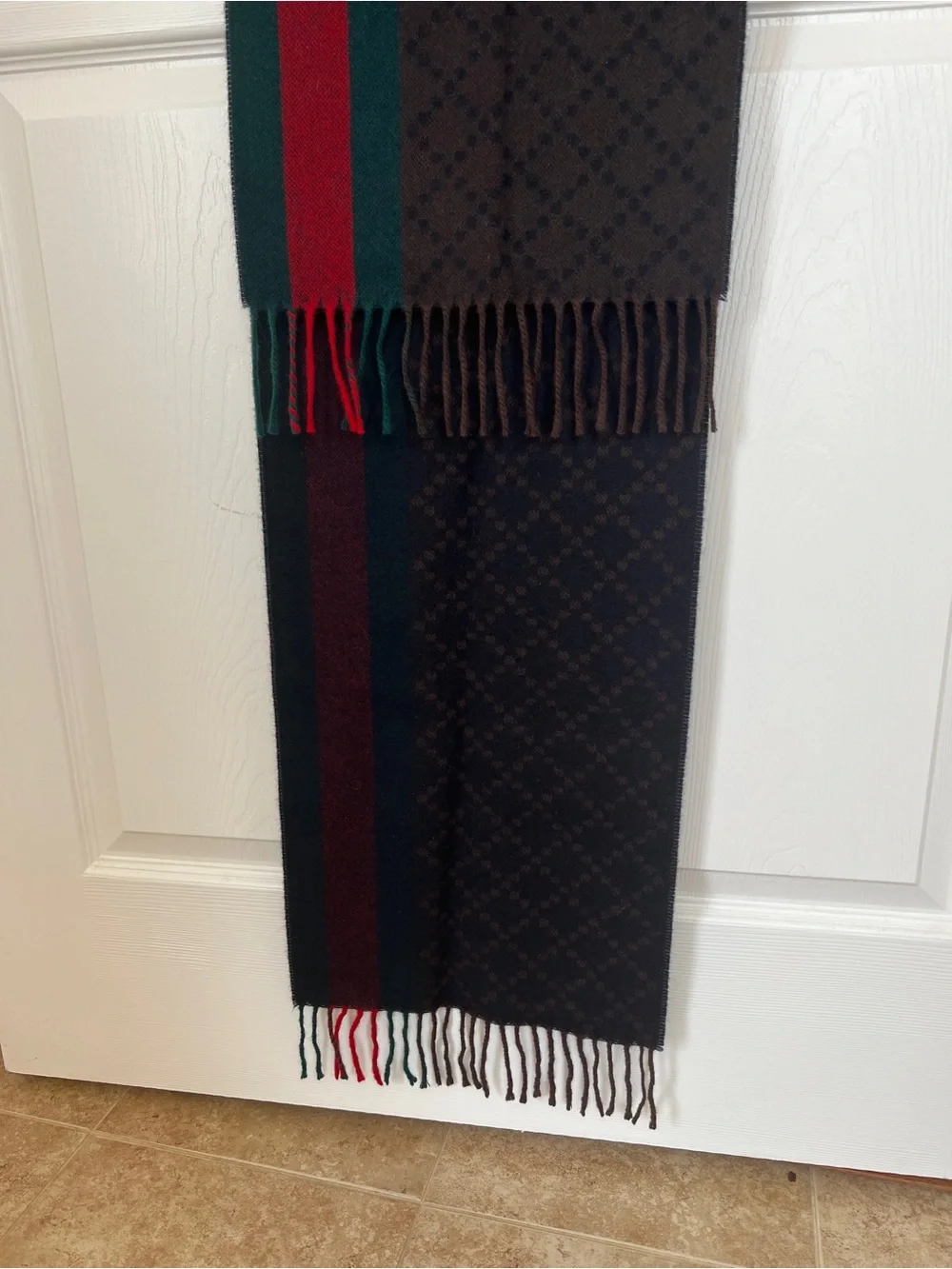 Gucci Brown Monogram Scarf with Red & Green Stripes